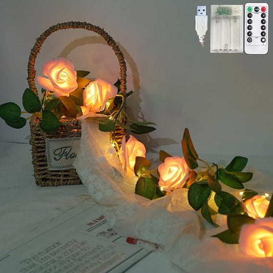 Rose Vine Lights with Remote, Battery or USB Operated Artificial Flower Garland, Hanging Fairy Lights for Bedroom Headboard, Valentine‘s Day, Wedding, Romantic Party Décor (Pink, 6.6)