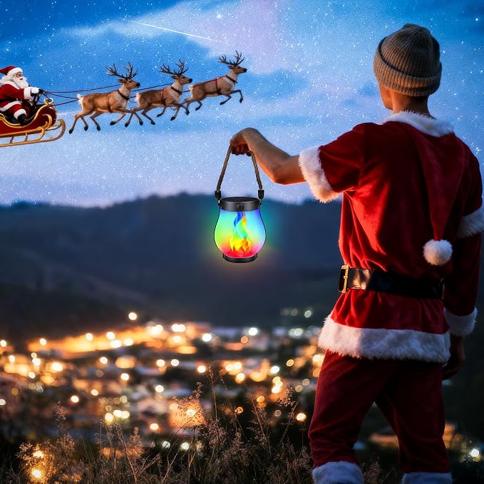 iBaycon 2 Pack Solar Lantern Lights USB Christmas Flame Lamp, Multicolor | Solar Garden Lights with Dual Charging USB & Solar, 2 Modes Outdoor Waterproof Hanging Lantern for Patio Home Xmas Decor