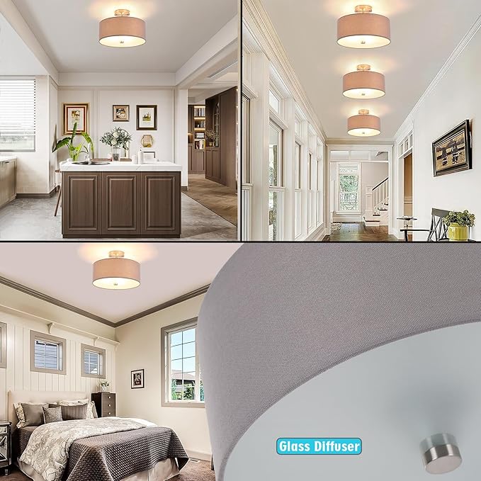 14 inch Semi Flush Mount Ceiling Light: 3-Light Modern Brushed Nickel Light Fixtures Ceiling Mount Lamp, Drum Gray Linen Shade & Glass Diffuser Perfect for Entryway Kitchen(Bulb Exclude)