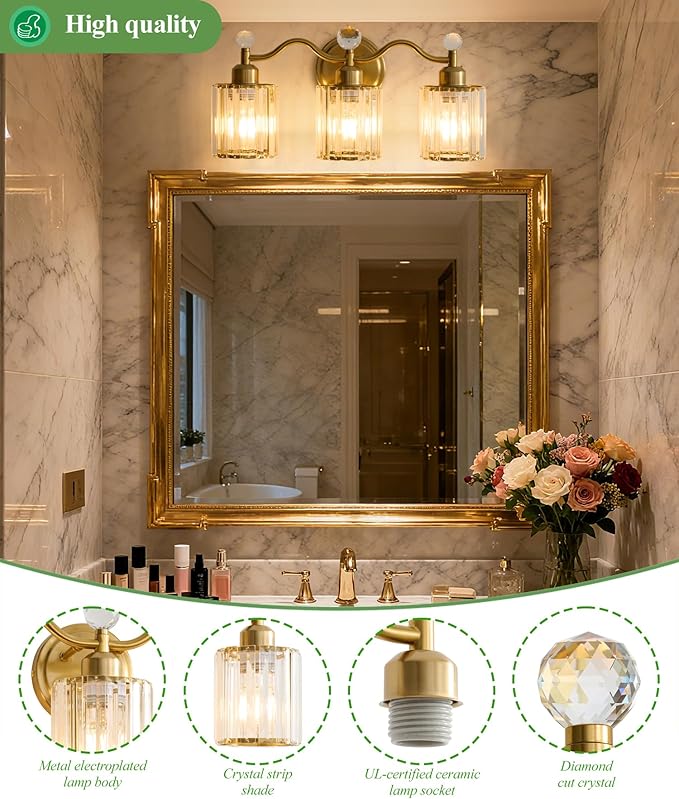 Bathroom Vanity Light Fixtures 3-lights, Gold Crystal Vanity Lights for Bath, Bathroom Lights Fixture with Clear Crystal Glass Shade, Modern Wall Light over Mirror, Wall Sconces Light for Hallway