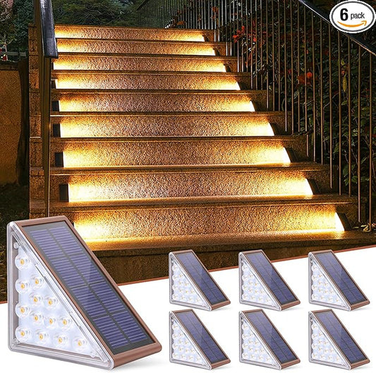 NIORSUN Solar Stair Lights,Warm White Outdoor Step Lights IP67 Waterproof Auto On Off, Outdoor Stair Lights for Steps,Stair,Patio,Yard,Porch,Front Door,Sidewalk,Deck Decor（Brown, 6 Pack）