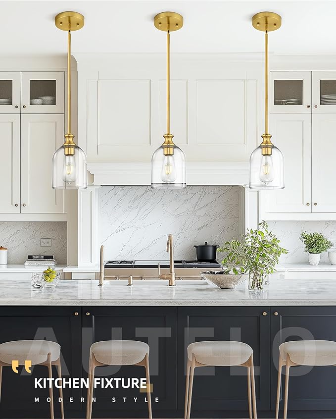 Autelo Gold Pendant Lights, 1-Light Pendant Lights Kitchen Island in Brushed Gold Finish with Clear Cylinder Glass, Vintage Pendant Light Fixtures, Vintage Hanging Lights for Kitchen Island H2511 CLBG