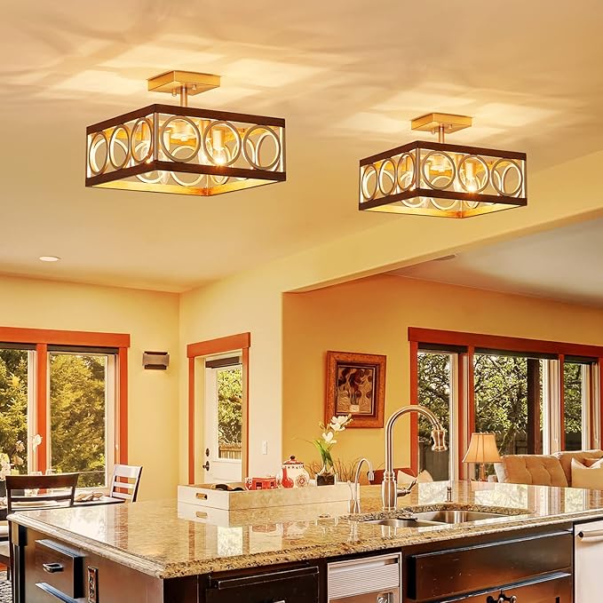 XINGQI Square Ceiling Lights 13'' Farmhouse Semi Flush Mount Ceiling Light Fixture Rustic Chandelier for Living Dining Room Bedroom, Antique Wood Grain & Brushed Nickel Finish, 4 E12 Bulbs