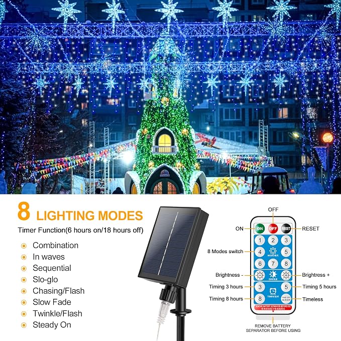 300 LED Solar Icicle Lights Outdoor with Remote Control, 33ft 8 Modes Curtain String Lights with 50 Drops, Christmas Holiday Wedding Party Decorations, Blue+White