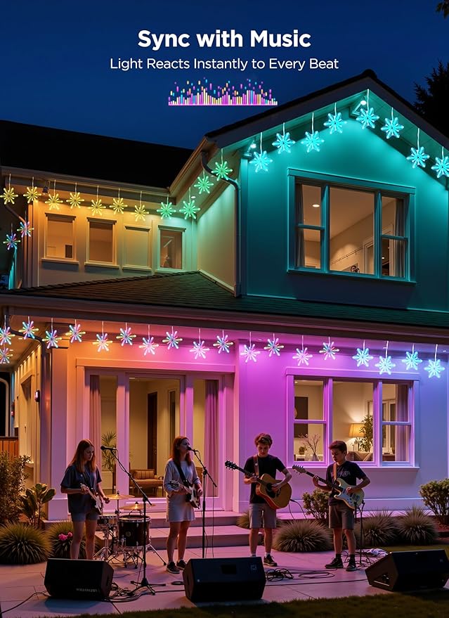 Brightown Smart Christmas Snowflake Lights, 12ft 96LED with 8 Drops Outdoor Icicle Lights with APP Control & Music Sync, Waterproof Connectable, 80+ Scene Modes for Roof, Window, Yard, Patio