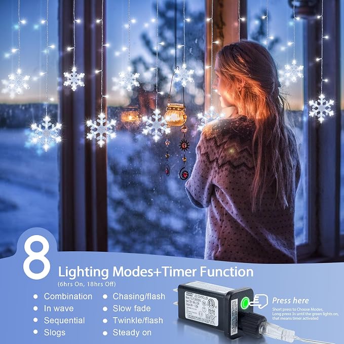Christmas Snowflake Icicle Lights,6.5ft 144LED Curtain Lights Outdoor with 12 Drops, 8 Modes Waterproof Connectable Fairy Light for Eaves, Garden, Yard, Indoor Outdoor Xmas Decor (White)