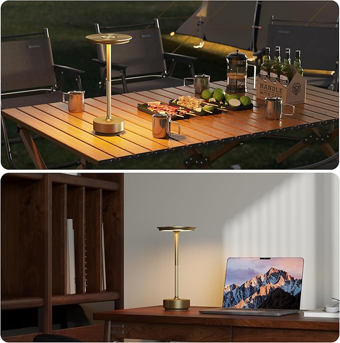 TBBGA 1 Pack Cordless Table Lamps Rechargeable, Portable 5000mAh Battery Operated Lamp, 3 Color Stepless Dimming LED Table Light with Memory Function, for Outdoor/Dinner/Patio/Restaurant.(Gold)