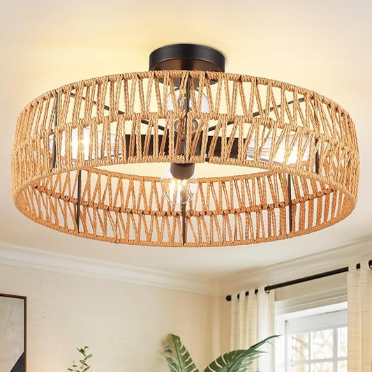 Hamilyeah 20 inch Boho Flush Mount Ceiling Light Fixture, Rattan Ceiling Light Fixture with 4 Light,Woven Light Fixtures Ceiling Mount for Living Room, Bedroom, Kitchen