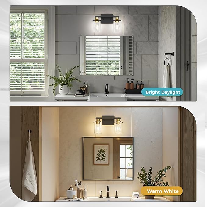 DORESshop Bathroom Light Fixtures, 2-Light Black and Gold Bathroom Lights Over Mirror with Clear Glass Shade, Vanity Lights for Hallway Bedroom Living Room, ETL Listed