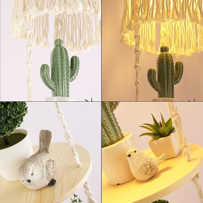 QIYIZM Boho Plug in Pendant Light,Hanging Light with Plug in Cord,Hanging Lamp Macrame Lamp Shade,Dimmable Switch,3 Tier Hanging Plant Shelf Shelves Bohemian Decor for Bedroom Living Room Corner