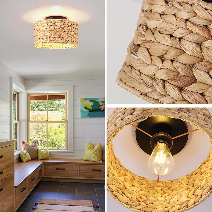 Boho Light Fixture Handwoven Rattan Semi-Flush Ceiling Light - 11.8ft Cord, 1-Light Eco-Friendly Bohemian Style for Bedroom/Kitchen/Farmhouse | Low-Carbon Rattan Woven Lighting