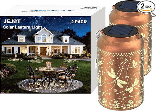 JEJOT Dragonfly Solar Lanterns Outdoor Waterproof, Mothers Day Gifts, Birthday Gifts for Women Mom Grandma,Metal Hanging Solar Lantern for Yard,Garden,Porch Landscape Deconrations-2 Pack