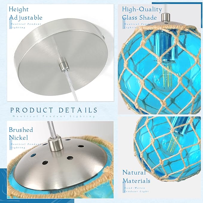 3 Pack 6" Blue Coastal Pendant Light Kitchen Island,Glass Globe Ocean Ceiling Light Fixture Beach House,Dimmable Hemp Rope Light Fixture Hanging For Bathroom Living Room Farmhouse Bedroom(Bulb Incl.