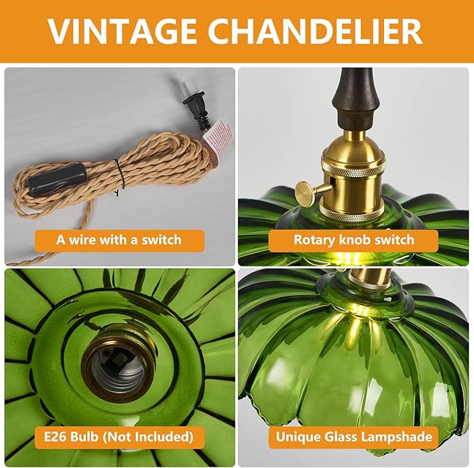 Modern Green Plug in Glass Pendant Light Retro Flower Glass Hanging Lamp Gold Brass Decorative Adjustable Ceiling Hanging Light Suitable for Kitchen Island Bedroom Dining Room Living Room