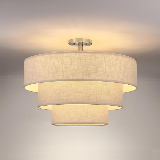 3 Tier 24" White Cream Drum Fabric Semi Flush Mount Light Modern Farmhouse Decor 7 Light Brushed Nickel Finish for Kitchen Living Room Dining Room Corridor Hallway