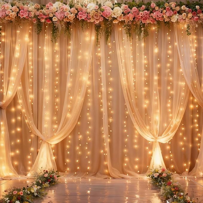 Champagne Tulle Backdrop Curtain with Lights, Elegant Sheer Photo Backdrop Drapes, Soft Fabric Curtain for Weddings Brithday Baby Shower Parties Photography Background Decor, 10ftx8ft