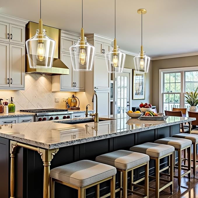 Modern Glass Pendant Lighting for Kitchen Island 2 Pack, Farmhouse Gold Pendant Light Fixtures, Adjustable Hanging Ceiling Light, Angled Clear Glass Shades 8 Inch