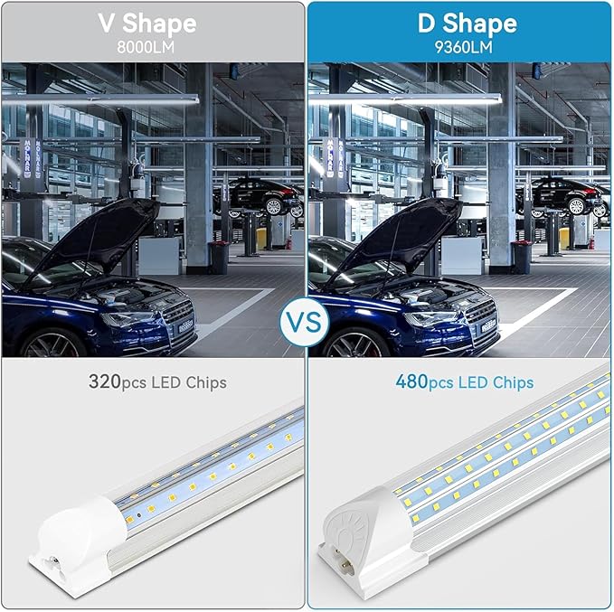 SHOPLED 6FT LED Shop Light, D-Shape 72W 9360LM 6000K Cool White, Linkable T8 LED Tube Light Fixtures, 6 Foot LED Shop Lights for Garage, 4 Pack