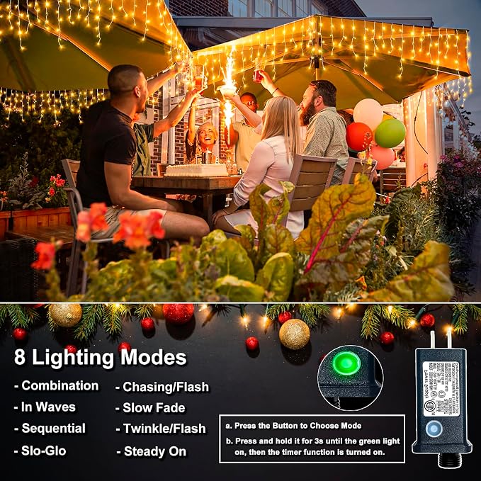 33FT 400 LED Icicle Christmas Lights Outdoor - Warm White Icicle Lights for Outside with 75 Drops 8 Modes, Waterproof Connectable Curtain Hanging Lights for Indoor Roof Patio Garden Party Decorations