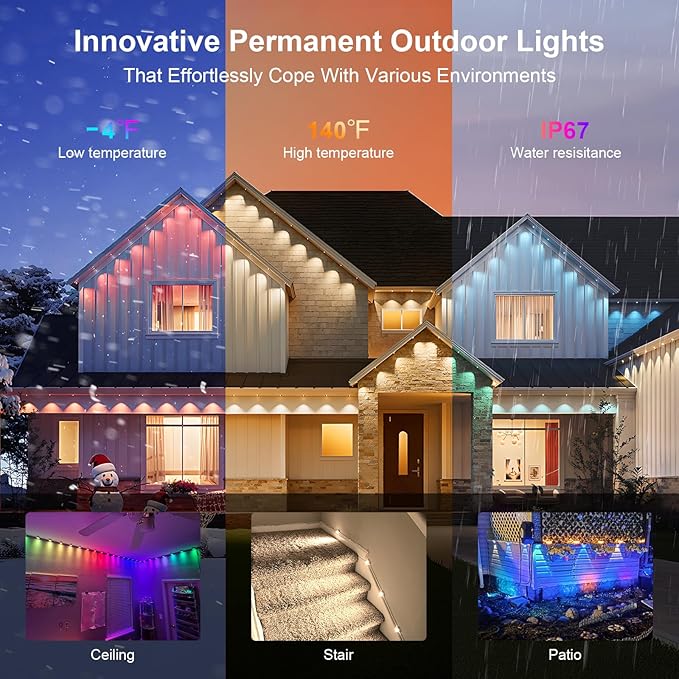 Super RGB Permanent Outdoor Lights 200FT, Smart RGB+IC Eave Lights with Remote APP Control, DIY LED Color Individual, White & Colorful Christmas String Light, IP67 Waterproof for House Outside Decor