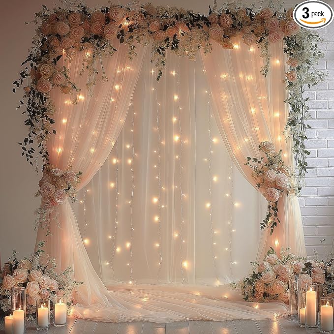 10x10ft Champagne Tulle Backdrop Curtain with Lights String Sheer Drapes for Wedding, Birthday, Baby Shower, Bridal Shower, Photo Booth, Party, Home Decor (2 Panels)