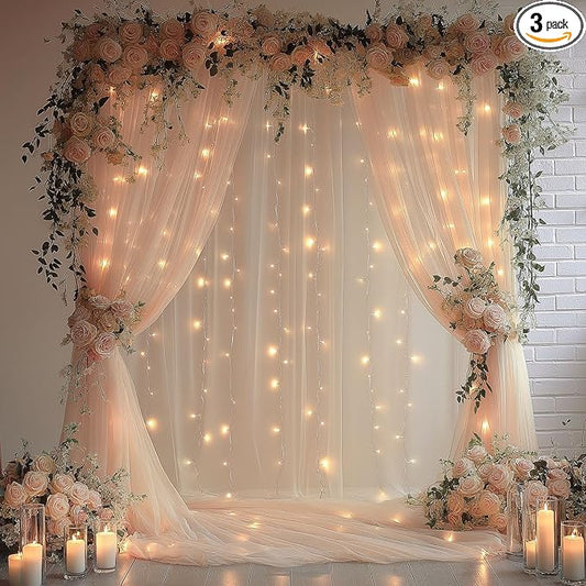 Champagne Tulle Backdrop Curtain with Lights String10x8ft Sheer Drapes for Wedding, Birthday, Baby Shower, Bridal Shower, Photo Booth, Party, Home Decor (2 Panels)