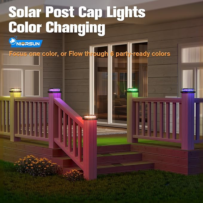 NIORSUN Solar Post Cap Lights Outdoor Waterproof, 4x4 Post Solar Lights RGB Color Changing, Fence Posts Solars Light for Deck Patio Garden Decoration, 4x4 Posts Caps Wood Vinyl, 24 Pack (Black)