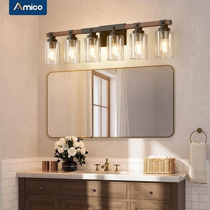 Amico Farmhouse Bathroom Vanity Light Fixtures,Rustic 6-Light Industrial Painted Wood Lights,Vintage Black Wall Sconces Bathroom Vanity Lighting with Bubble Glass Shade