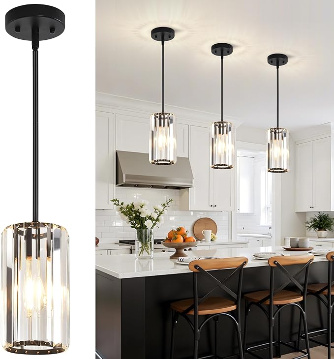 3-Pack Matte Black Pendant Light Fixtures, Crystal Kitchen Pendant Lighting Over Island,Mini Modern Pendant Lights for Kitchen Island, Dining Room, Hallway, Foyer, Entryways