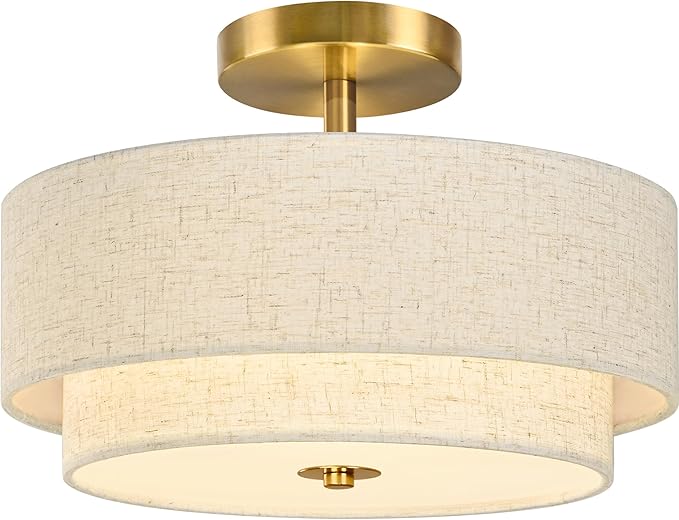 Bagood 2 Light Semi Flush Mount Ceiling Light Fixture 12.6 Inch Modern Gold Drum Lights Fixture with 2-Layer Fabric Shade Dimmable Close to Ceiling for Living Room Hallway Bedroom Entryway