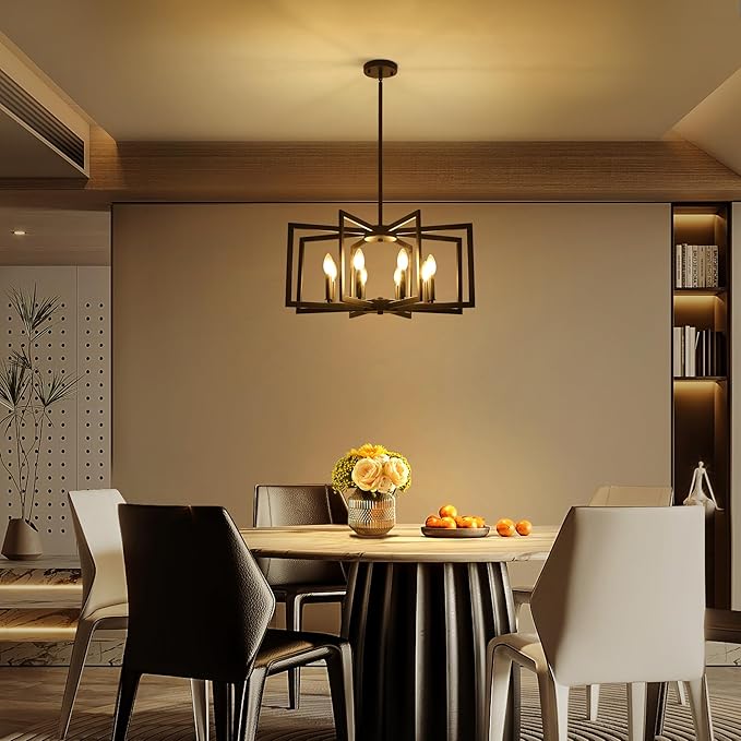 Klgxnrd 8-Light Modern Farmhouse Black Geometric Chandelier, Adjustable Height Dining Room Light Fixtures Over Table, Large Industrial Metal Chandeliers for Dining Room Kitchen Island Entryway