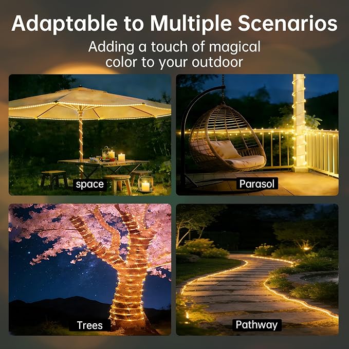 Solar Rope Lights for outside, 66ft 200 LED Solar string Lights with 8 Modes, Waterproof Solar Outdoor Light for Patio Garden Party Tree Porch Pool Fence Outdoor Holiday Xmas Decor-Warm White