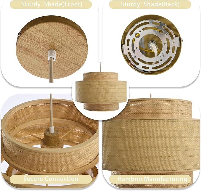 Pendant Light, 3-Tier Layered Boho Hanging Lamp with Natural Woven Drum Shade, 15ft Hemp Rope Cord Ceiling Light for Kitchen Island Dining Room Bedroom