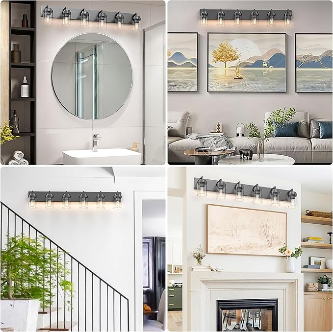 Espird Bathroom Vanity Light, 6 Light Bathroom Light Fixtures Over Mirror, Black Vanity Lights with Clear Glass Shade, Modern Bathroom Light Fixtures for Bedroom, Hallway