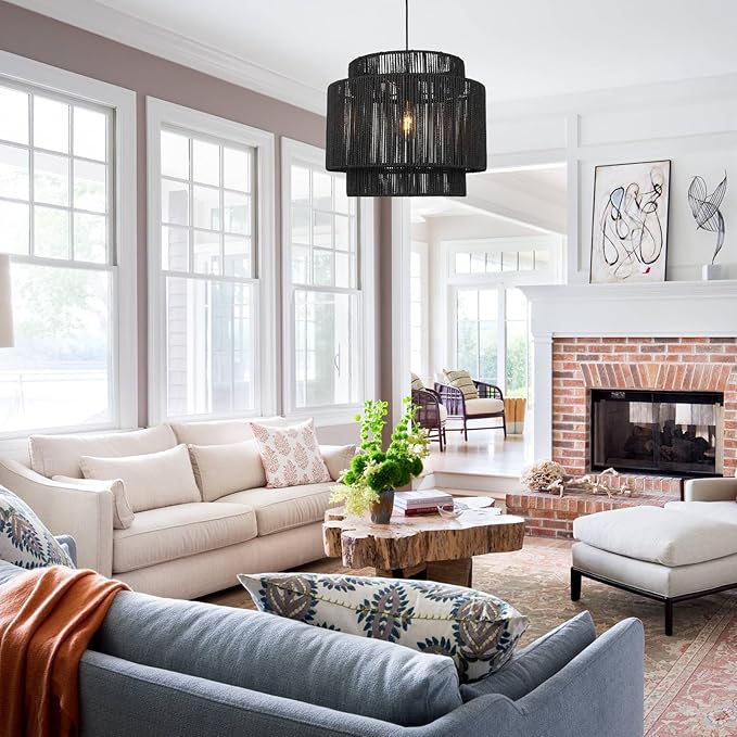 16 Inch Large Natural Simple Hand Weaved Rattan Pendant Lamp, Coastal Beach Black Rope Hanging Pendant Light Fixture for Dining Room Living Room Bedroom Kitchen Foyer