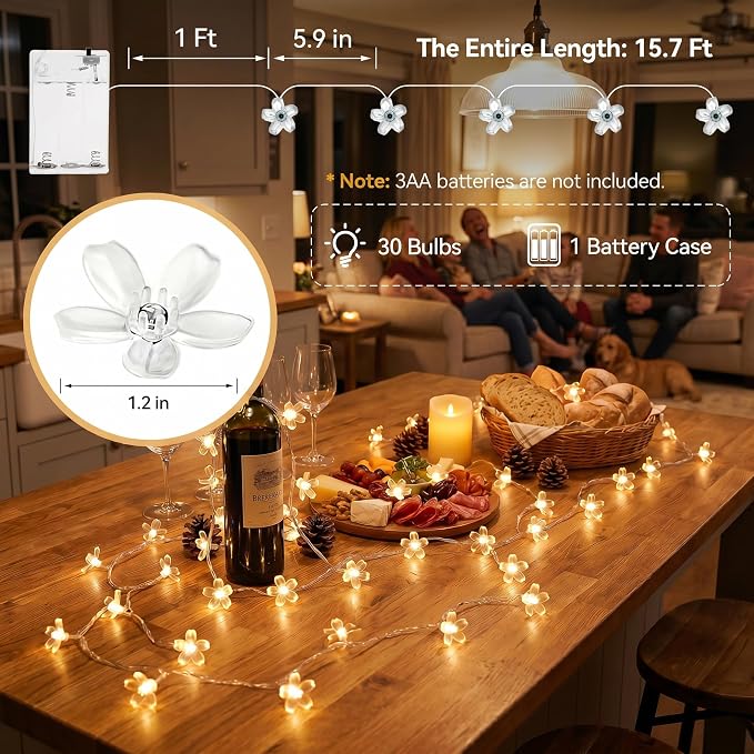 ITICdecor Flower String Lights 15 FT 30 LED Fairy Christmas Lights Battery Operated Indoor&Outdoor Twinkle Lighting Bedroom Decor for Party Wedding Xmas Tree (Warm White)