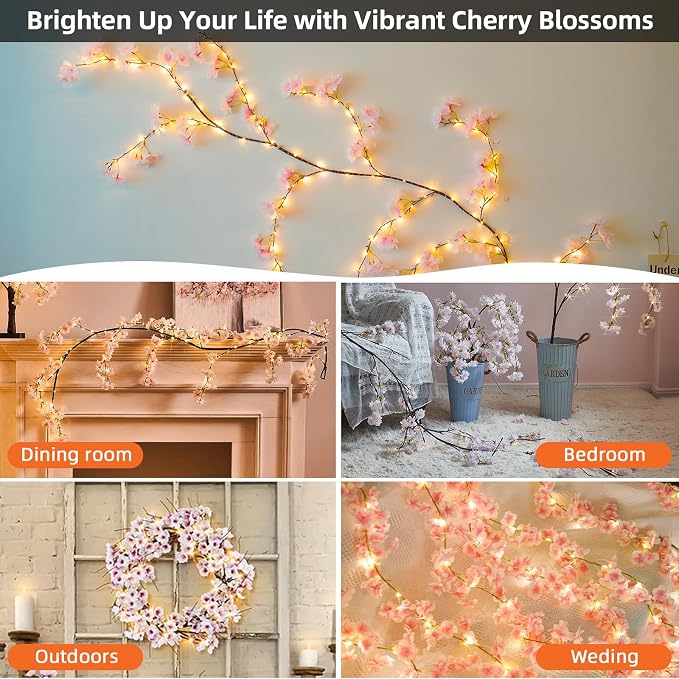 100 LED Cherry Blossom Lights, 5.9ft Fairy Lights for Bedroom, 8 Flashing Modes Cherry Blossom Branches, for Mantel, Wedding, Party and Christmas Decoration.