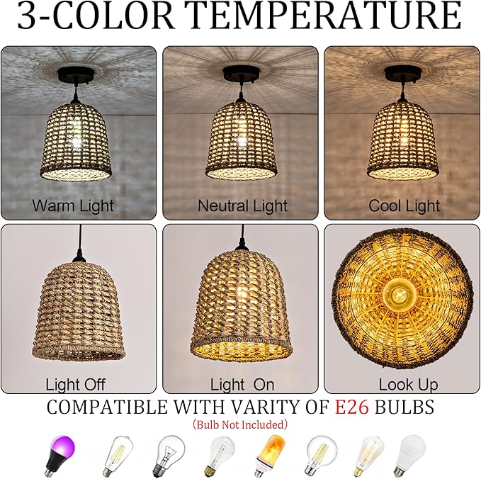 Mini Rattan Pendant Light Fixtures,9.5" Boho Pendant Light,3-Pack Hand Woven Seagrass Rattan Chandelier for Dining Living Bedroom Kitchen Farmhouse