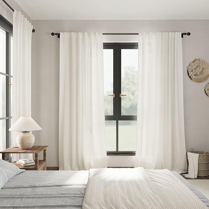 2 Panels Set Cream Linen Curtains 95 inches Long for Living Room Extra Long Back Tab Curtains Neutral Farmhouse Light Filtering Semi Sheer Linen Drapes Ceiling to Floor for Large Window Ivory