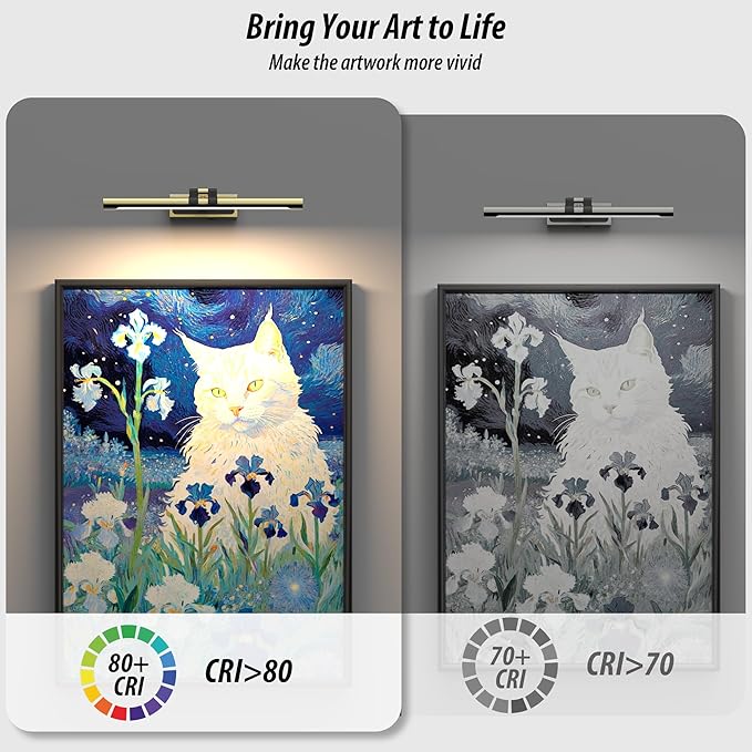 Brass Picture Light for Wall - 16inch Dimmable & Rechargeable Art Light with Extendable Arm, 25H Light Time, Angle Adjustable, 3 Color Temperatures Timer - Perfect for Paintings and Home Decor