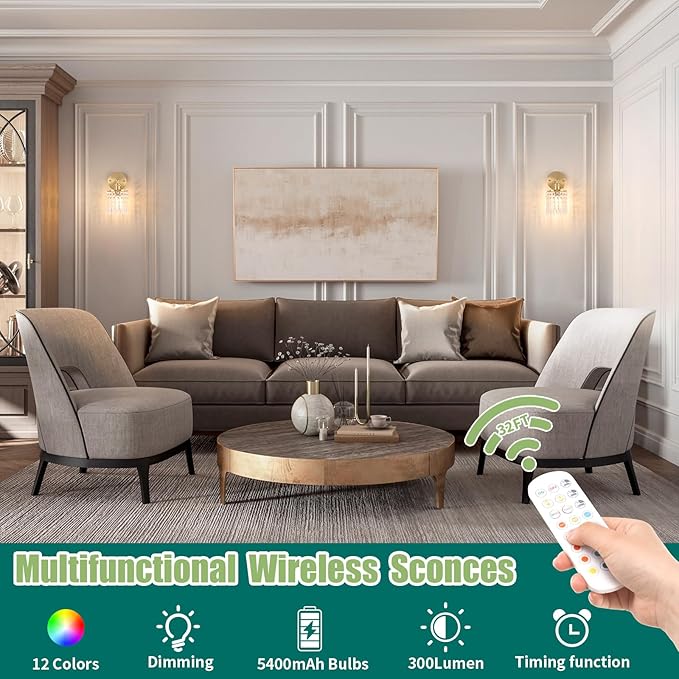 Shenmoyl Set of 2 Crystal Battery Operated Wall Sconce, Rechargeable Battery Powered Wall Lamp with Remote Control, Modern Dimmable Wireless Wall Lights for Bedroom Bathroom(Transparent, Gold Base)