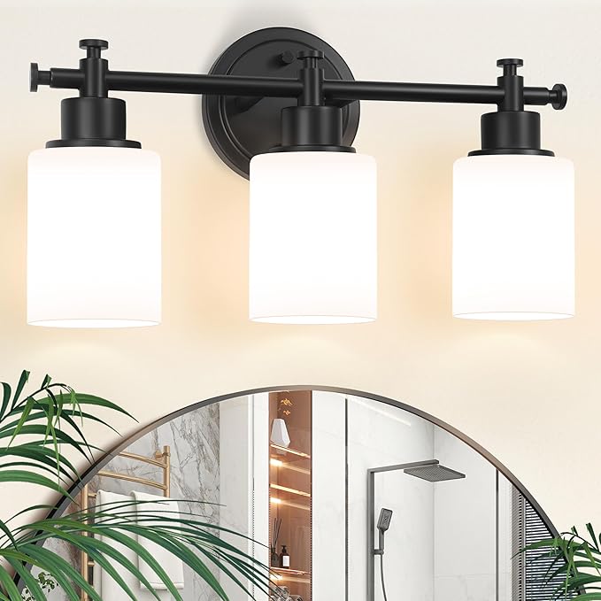 3-Light Black Bathroom Light Fixtures, Modern Vanity Lights Over Mirror, Bathroom Wall Sconces with White Glass Shade, E26 Socket, 15.75" Compact Vanity Light Fixtures