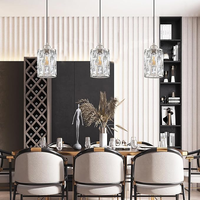 2 Pack 1 Light 5.4" Crystal Shade Hanging Kitchen Island Pendant Light Brushed Nickel Finish,Modern Pendant Fixture with Crystal Metal Shade for Bar,Dining Room,Living Room Over Sink