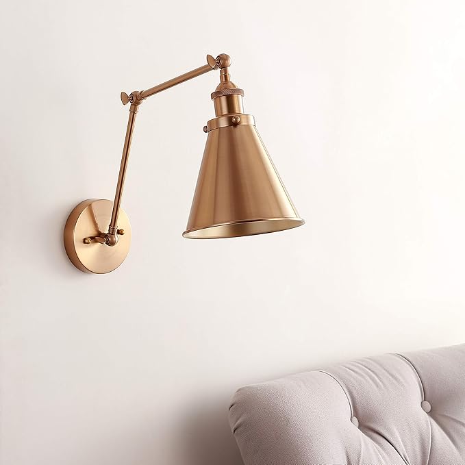 JONATHAN Y 7" Brass Gold Classic Industrial Metal Adjustable Arm LED Wall Sconce for Bedside Reading, Farmhouse Swing Arm Wall Lamp with Metal Shade, Hardwired (JYL7461A)