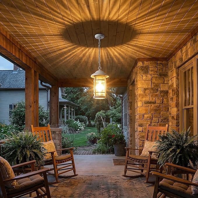 LOUSACE 1-Light Outdoor Pendant Lights for Porch, Exterior Hanging Porch Light Fixture Ceiling Mount Outdoor Chandelier, Waterproof White Aluminum Finish with Seeded Glass, for Gazebo Patio Entrance