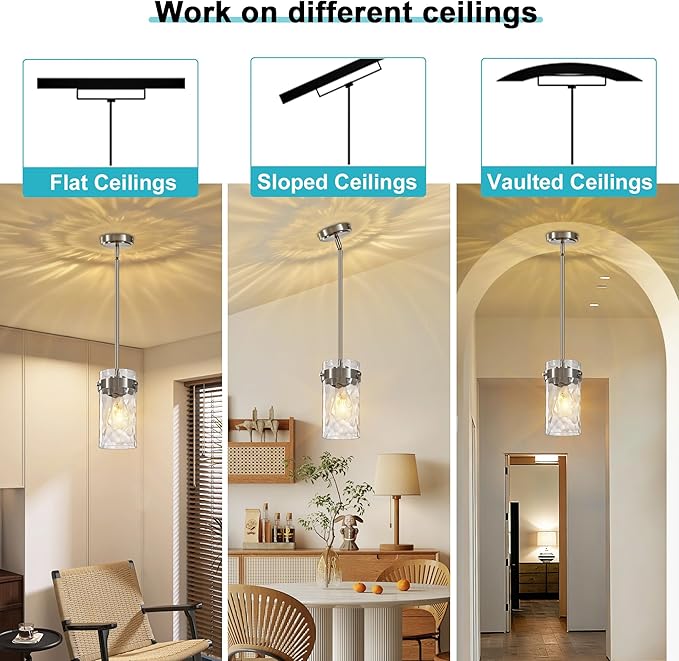 Hammered Glass Pendant Lighting for Kitchen Island 2 Pack, Modern Brushed Nickel Pendant Light Fixtures 4.72", Adjustable Ceiling Pendant Light for Kitchen Island Dining Room Hallway