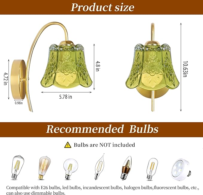 Wireless Wall Sconce with Flower lampshade, Battery Operated Wall Lights,Wall lamp with 15 Colors for Bedroom Living Room Home Decor (Green Flower,2 Light Battery Operated)