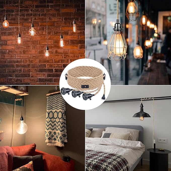 Plug in Hanging Light Fixture, 20FT 3 Bulbs Pendant Lamp Lights Cord with Switch Cord E26 Bulbs Socket, Industrial DIY Twisted Hemp Rope Overhead Lamps for Farmhouse Bedroom Home Lighting Decors