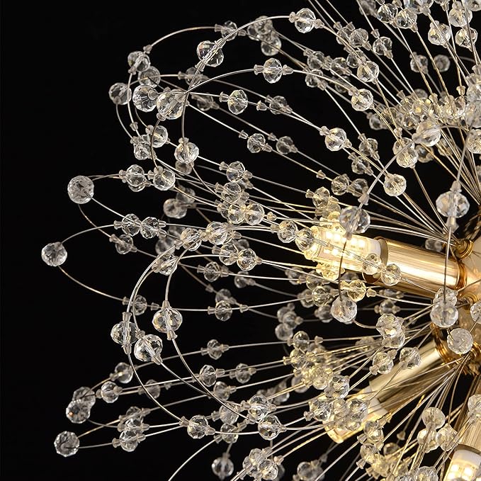 Dandelion Crystal Chandeliers, 9-Light Modern Firework Chandelier for Dining Room, Gold Sputnik Pendant Light Fixture for Bedroom, Living Room, Kitchen, Restaurant