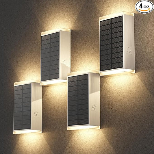 Solar Wall Light Outdoor,3000/4500/6000K/RGB 13 Modes Dusk to Dawn Lighting Solar Sconce Lights IP67 Waterproof Up and Down Solar Lights Outdoor for House /Porch/Fence/Patio/Garage-White Shell (4PCS)